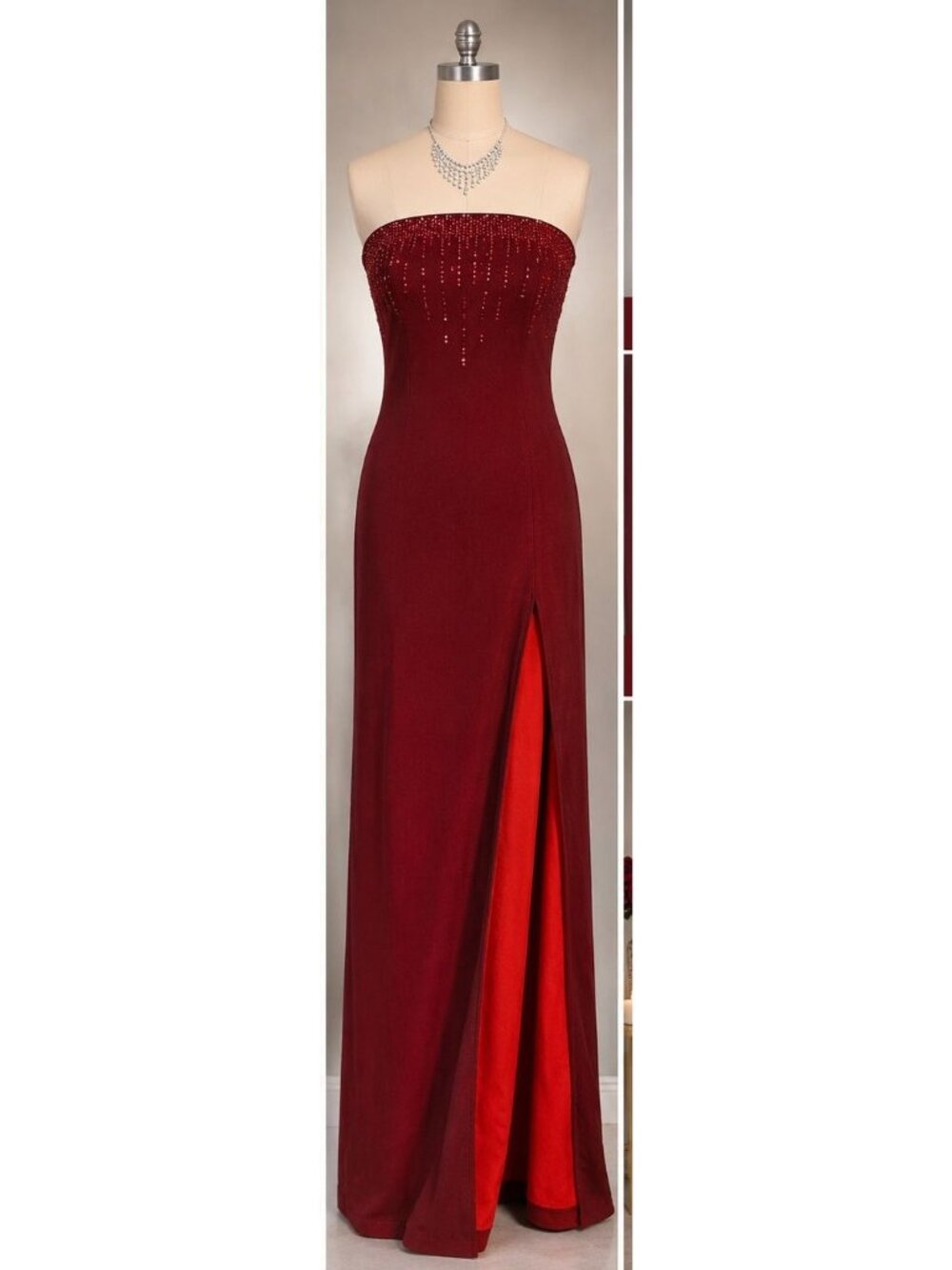 Vintage Evvolution L Red Beaded Strapless Gown High Slit Wedding Party Formal